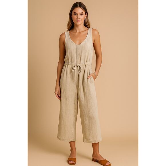 Anthropologie Drew Linen Blend Cropped Jumpsuit Medium Beige Natural Tie Waist - Picture 1 of 9